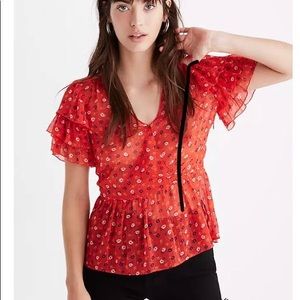 Madewell Tiered-Sleeve Peplum Top in Metallic Prairie Posies